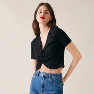 Zara Top Black Twist Ribbed Knit V-Neck Short Sleeve Cropped Blouse Size M